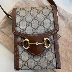 Gucci Horsebit 1955 Crossbody Cell Phone Bag (GG/Brown Trim)